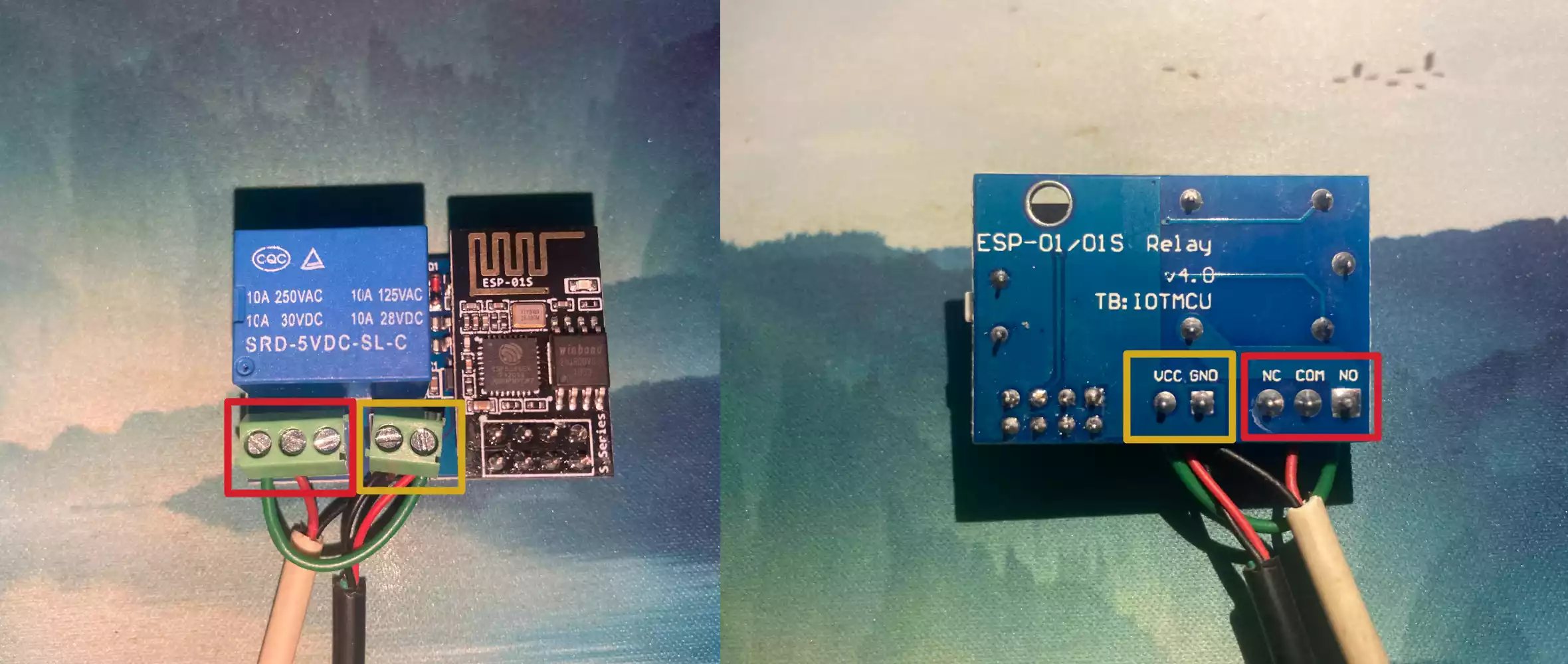 分别为接了线的继电器正反面，标记了供电与继电的接线端子