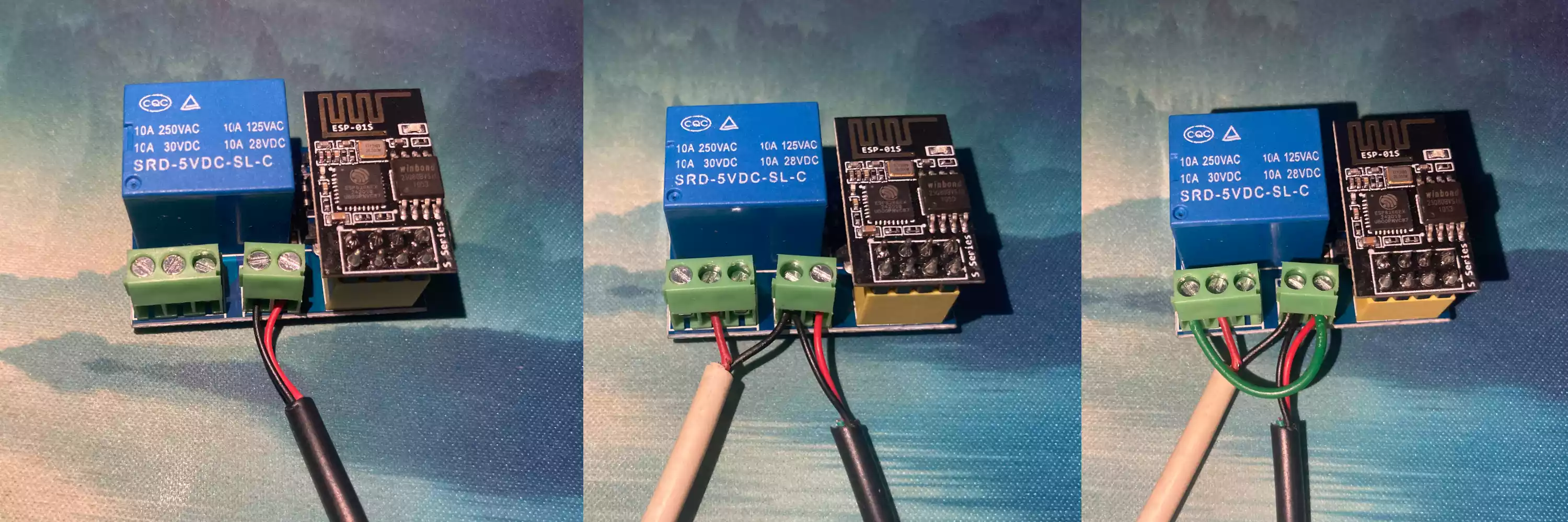 先接电源线，再输出线，最后用一条线把供电正极与继电常开端连接起来