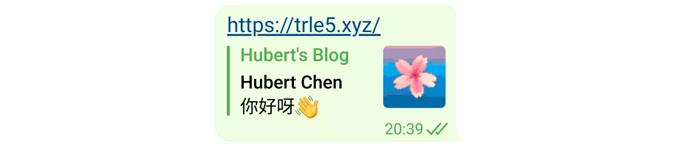 Telegram 的链接预览，展示了网站名、作者名称、简介和设定的图片