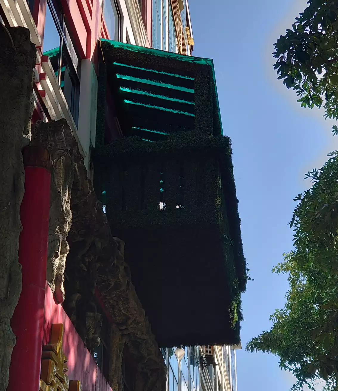 一个很有意思的屋子,在一家商铺上方凸出了一个被像是绿色藤蔓覆盖了的阳台?似乎不那么透光,顶上也有封起来,还有一张深绿色的厚塑胶片盖住了顶部防水